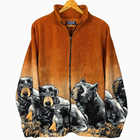 Cabincore Bear Fleece Jacket Medium - Vintage Wildlife Zip Up Warm Soft Fleece - Picture 1 of 8